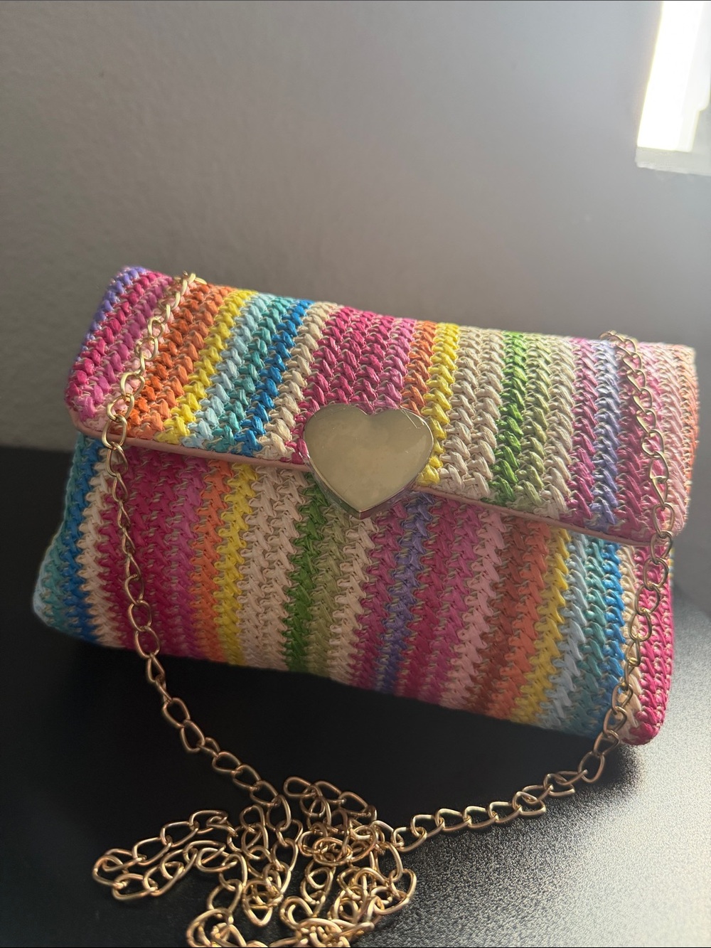 Gold-Heart Rainbow Woven Clutch with Chain Strap